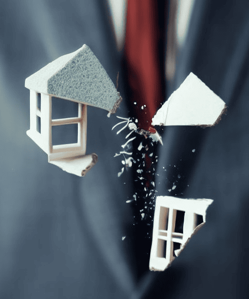 Symbolic image of a house breaking apart, representing property division during divorce or separation agreement in Israel