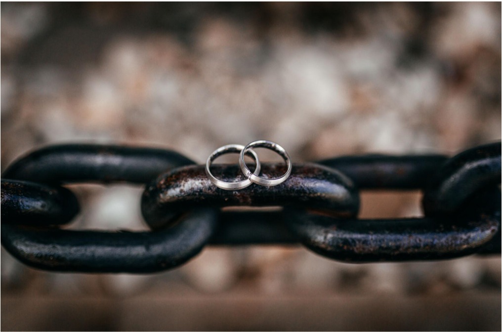 Wedding rings on chain links representing get refusal and agunah in Israel - Hait Family Law